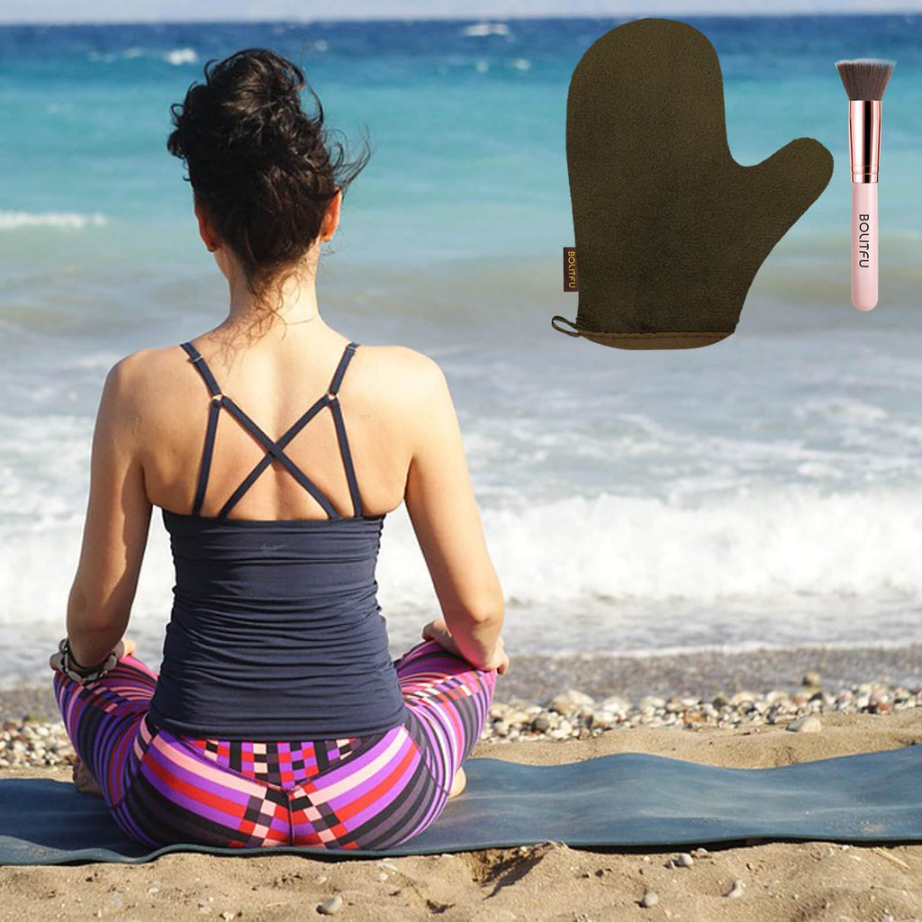 2 Pack Self Tanning Mitt Applicator Kit Set, Self Tanning Glove and Self Tanner Flat Top Brush, Tan Applicator for Sunless Self Tan (Bronze)