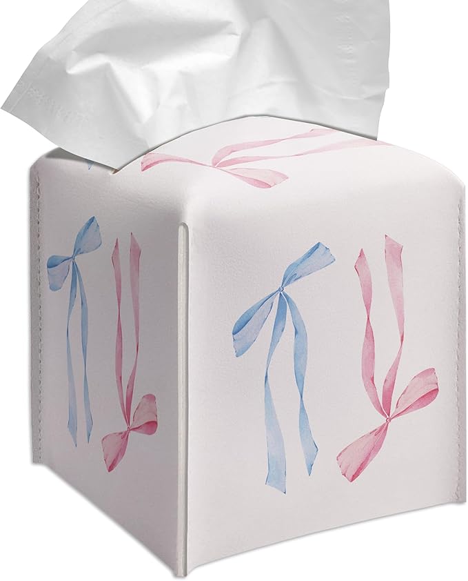 Grace Yonks Cute Tissue Box Cover Square - Blue and Pink Ribbon Bow Design 5.2" PU Leather Holder for Vanity, Desk, or Bathroom Counter - Cube Case for Facial Tissues(008)