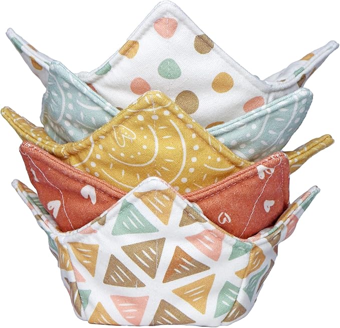 ROGITU Cotton Microwavable Bowl Cozy, Microwave-Safe Hot Bowl Holders, Soup bowl Cozy Hot Pads (Boho)