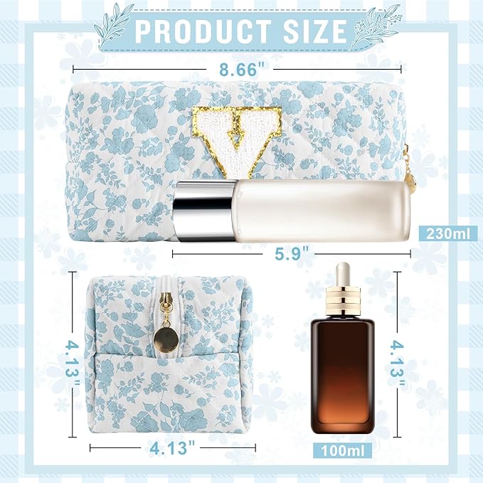 Personalized Quilted Cosmetic Bag, Puffy Monogrammed Christmas Birthday Gifts for Women & Girls, Cute initial Floral Makeup Bag Puffer Coquette Bag, Aesthetic Travel Toiletry Zipper Pouch(Blue,Y)