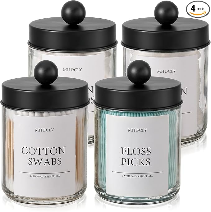 Bathroom Organizers and Storage,4 Pack,48 oz Total,Bathroom Accessories,Bathroom Decor,Bathroom Storage and Organization,Qtip Holder for Room Decor Aesthetic (Black lids)