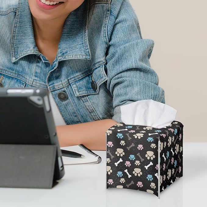 White Dog Paws Tissue Box Holder Portable Lightweight Square Tissue Box Cover Holder with Metal Button Waterproof Napkin Case for Home Office Car Automotive Decor