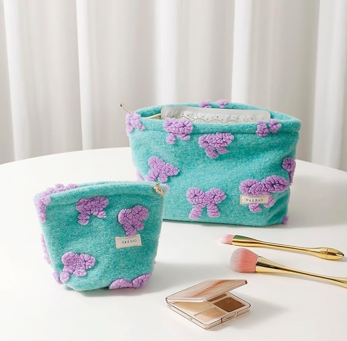 getgto 2 Pcs Makeup Bags, Large Cosmetic Bag Travel Toiletry Bag Organizer for Women, Plush Makeup Bag Small Cosmetic Pouch Purse with Zipper Gifts for Girls Teen