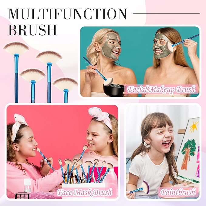 Ziliny 12 Pcs Soft Facial Fan Brush Blush Makeup Brush Face Mask Acid Applicator Multi Use Cosmetic Tools for Peel Mask Makeup for Mud Cream(Blue)
