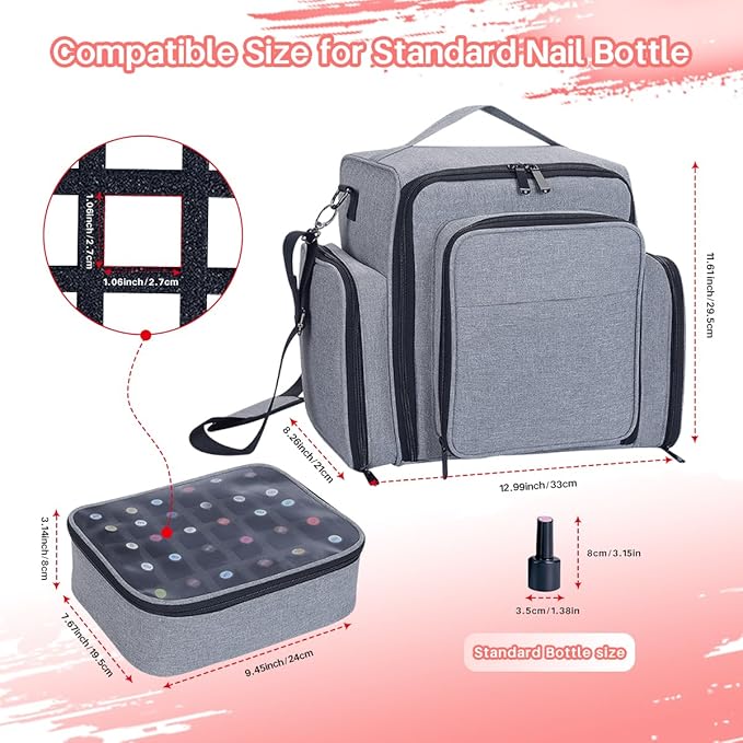 UOZL Nail Polish Organizer Case Hold 90 Bottles with 3 Detachable Bag,Grey