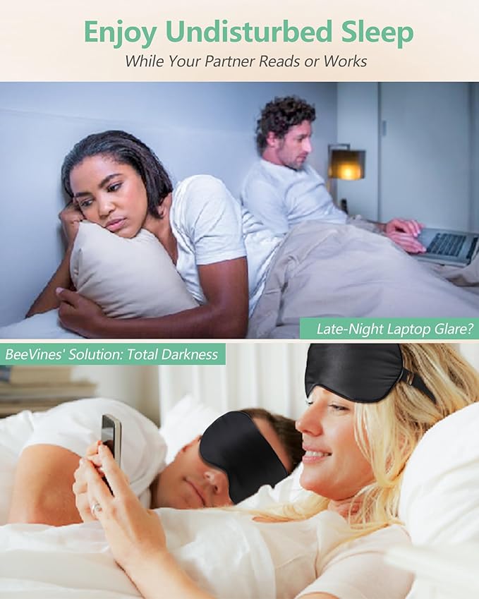 BeeVines Sleep Mask, 2 Pack 100% Real Natural Silk Eye Masks with Adjustable Strap for Sleeping, Mulberry Silk Eye Sleep Shade Cover, Blocks Light Reduces Puffy Eyes Traveling Gifts (Black &Black)