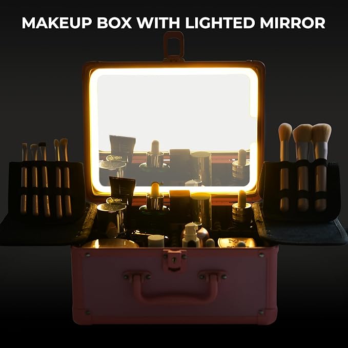 GALHUBIS Makeup Case with Lighted Mirror, Makeup Box Organizer with Detachable LED Mirror, Travel Makeup Train Case, Waterproof Cosmetic Organizer, Standing Brush Holder, Gift, Pink