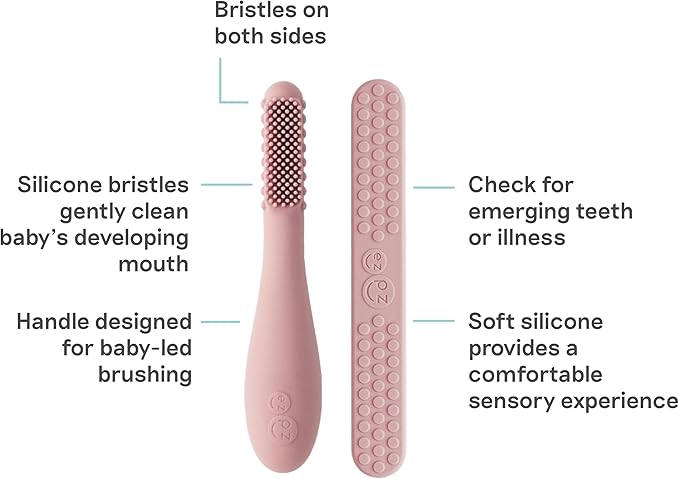 ezpz Baby-Led Toothbrush + Tongue Depressor Dual Pack (Blush) - 100% Silicone Toothbrush + Silicone/Stainless Steel Tongue Depressor - Helps Set-up Infants for a Healthy Oral Care Routine