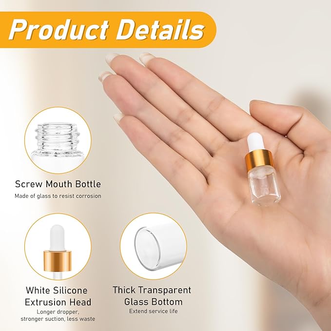 COTOM 20 Pack Mini Dropper Bottle for Cuticle Oil, 2ml Small Sample Essential Oil Dropper Bottles for Travel, Clear Empty Vails for Cosmetic Perfume