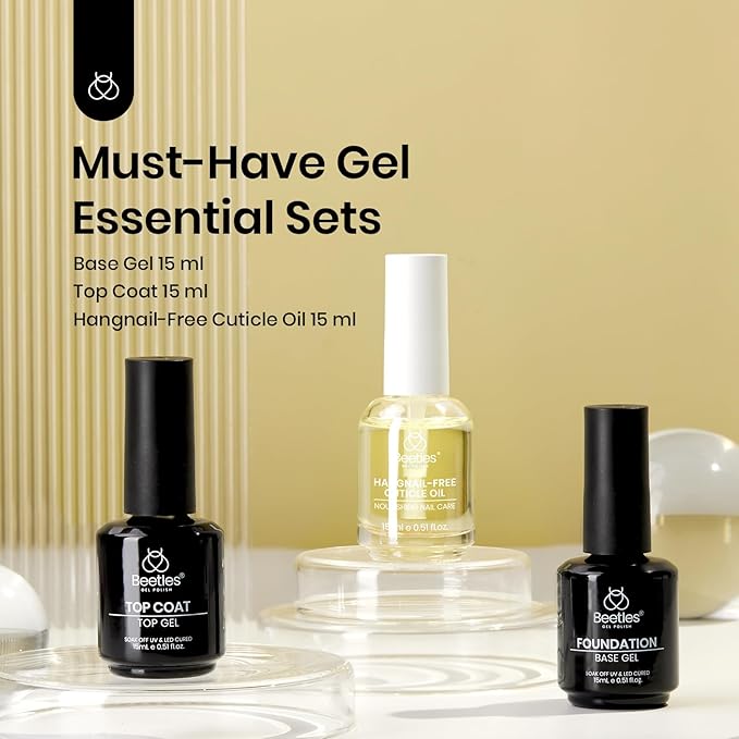 Beetles Gel Base and Top Coat & Cuticle Oil Set, 3Pcs 15ml Cuticle Protectors Kit No Wipe Glossy Shine Long Lasting Oil Care for Dry Damaged Cuticles Gifts for Women