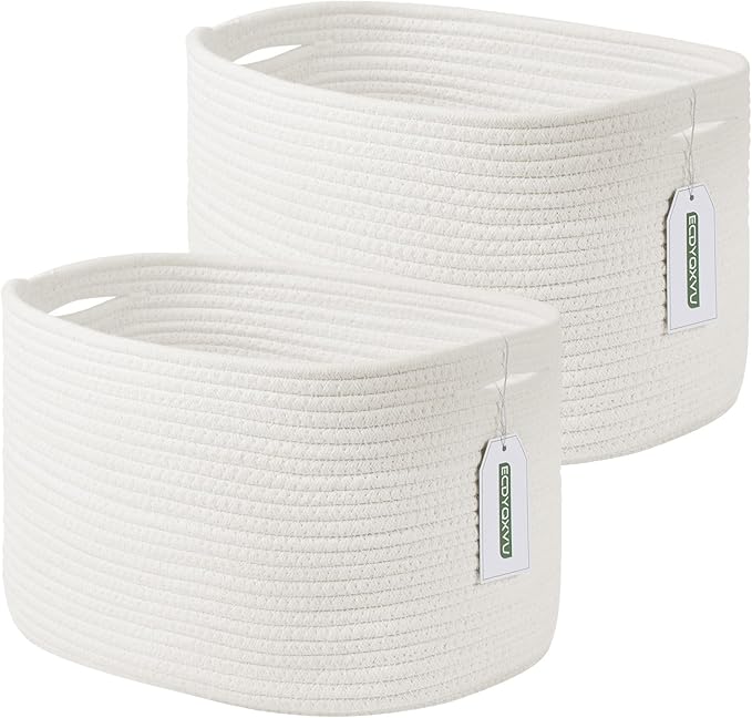 Cotton Rope Storage Basket, 15x10x9 Inches, Woven Basket for Shelves, Clothes, Towels, Books, and Laundry, White (2 Pack)