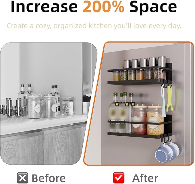 KMUZAWN Magnetic Spice Rack for Refrigerator, 2 Pack Magnetic Shelf, Fridge Magnet Organizer with Moveable 6 Hooks, Magnetic Fridge Shelf for Kitchen Organization and Storage(Black, 2 Pack)
