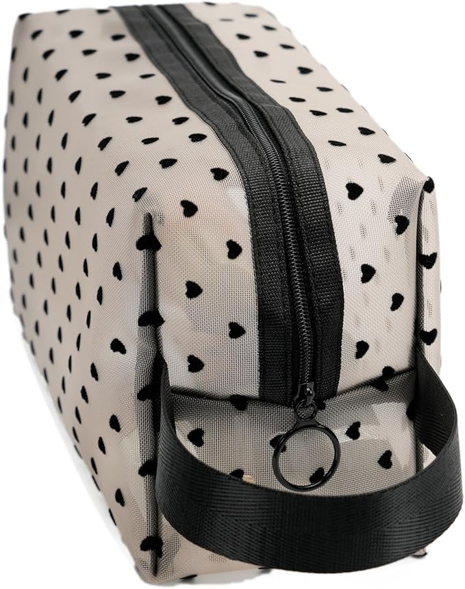 TOPASION Portable Mesh Makeup Bag with Zipper Small Travel Toiletry Bag Lightweight Cosmetic Pouch (Beige&Black Heart with Handle)