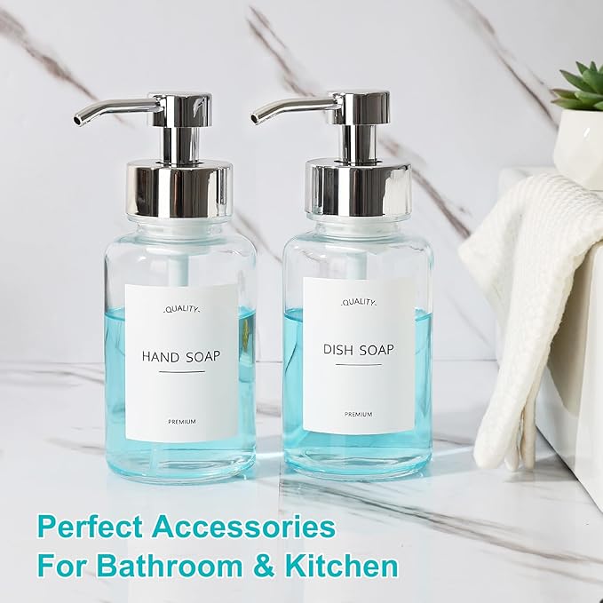 RACOBOT Foaming Soap Dispenser, 14.1 oz/400ml Foaming Hand Soap Dispenser, 2 Pack Glass Foaming Dispenser for Bathroom & Kitchen, Clear Refillable Liquid Dispenser Bottle with Waterproof Labels