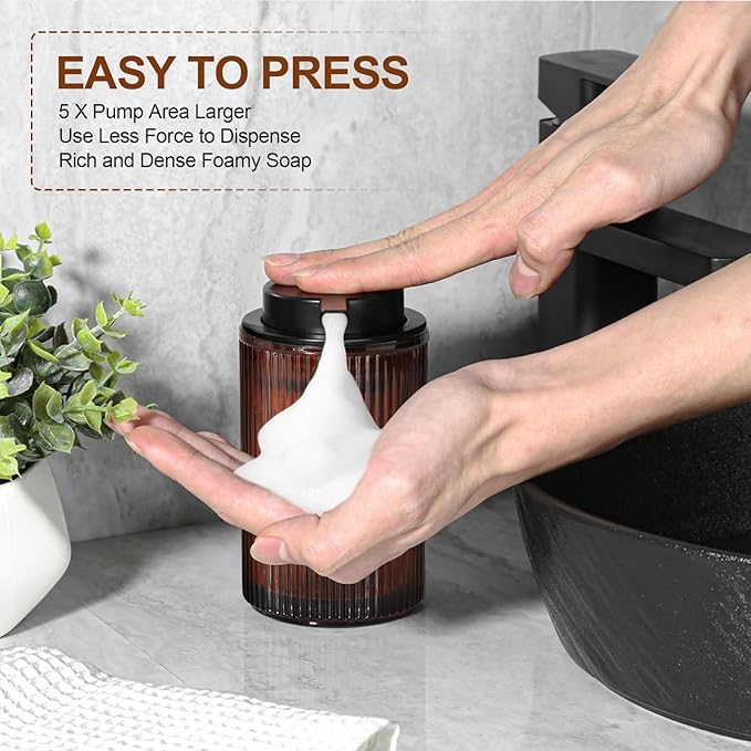 Amber Glass Foaming Soap Dispenser, Ribbed Foam Hand Soap Dispenser for Bathroom, 11 Fl Oz 2 Pack Refillable Foaming Pump Bottle with Black Pump, Modern Dish Soap Foam Dispenser