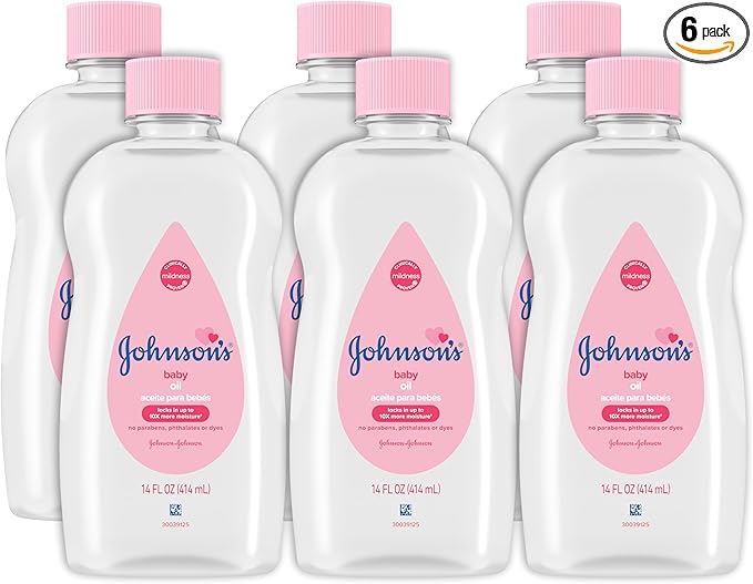 Johnson's Baby Oil, Pure Mineral Oil to help Prevent Moisture Loss for baby, Kids & Adults, Gentle & Soothing Baby Massage Oil for Dry Skin Relief, Original Scent, 14 fl. oz(Pack of 6)