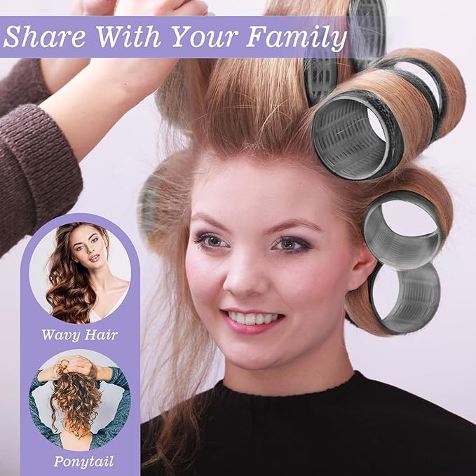 6Pcs 64mm Jumbo Hair Rollers & 6Pcs 55mm Large Hair Rollers, Large Rollers for Long Hair, Women with 12 Hair Clips, Storage Bag -Black