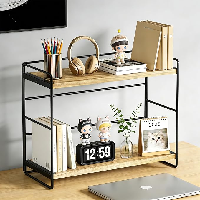 SRIWATANA 2 Pack Bathroom Counter Organizer, 2 Tier Countertop Organizers, Kitchen Counter Shelf Spice Rack Countertop Storage Wood Shelf - Carbonized Black