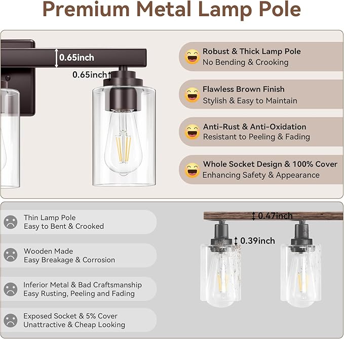 VerRon 19" Brown Modern Vanity Lights Over Mirror with Clear Glass Shades
