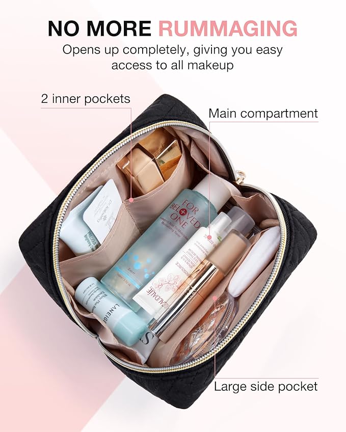 BAGSMART Small Makeup Bag, Compact Cosmetic Pouch for Women for Purse, Travel Toiletry Organizer with Wide Open Design, Black