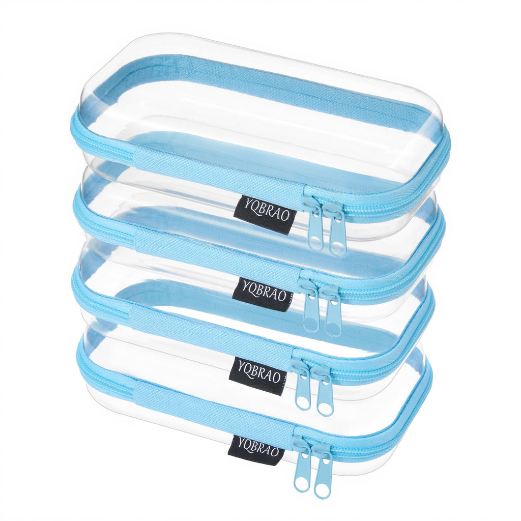 YQBRAO 4-Pack Clear Hard Shell Zipper Case, 1.2mm Ultra-Thick Diaper Bag Organizer Pouches, Rigid Self-Standing Travel Makeup Bags with YKK Zippers, TSA Approved, Blue