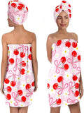 Cherry Print Bath Wrap with Matching Hair Drying Cap – Soft Microfiber Quick Dry Shower Towel Skirt Set for Women, Girls, Spa and Travel (Cherry 6)