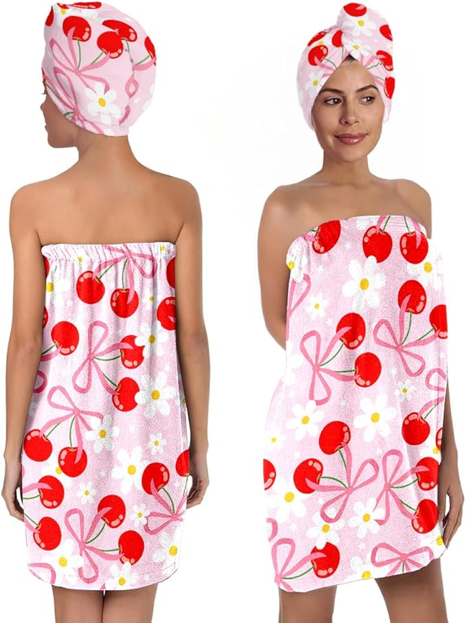 Cherry Print Bath Wrap with Matching Hair Drying Cap – Soft Microfiber Quick Dry Shower Towel Skirt Set for Women, Girls, Spa and Travel (Cherry 6)