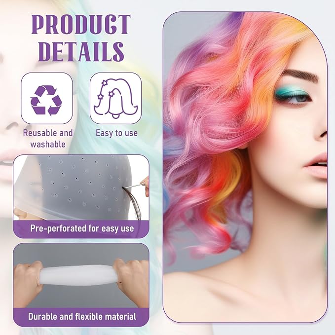 6 Set Silicone Highlight Cap for Highlighting Hair - Pre-Punched Holes Reusable Cap with Needle, Professional Hairdressing Dyeing Tools for Salon Home Women Men