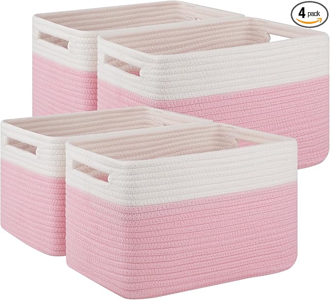 SIXDOVE 4 Pack Storage Baskets for Organizing, Woven Baskets for Shelves - Perfect for Toys, Books, Towels, and Clothes, Durable Gift Basket Bins Toy Storage, 12.7''Lx9''Wx7.8''H, Pink & White