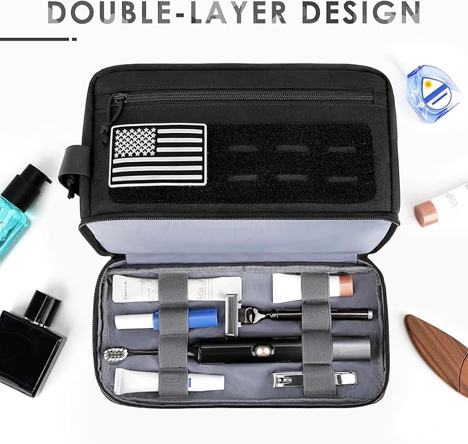 Tactical Toiletry Bag for Men, Travel Hygiene Bag with Double-layer, Large Capacity Hanging Toiletry Bags Water-Resistant Shaving Dopp Kit with EDC Molle Pouches, Bathroom Shower Makeup Bag, Black, L