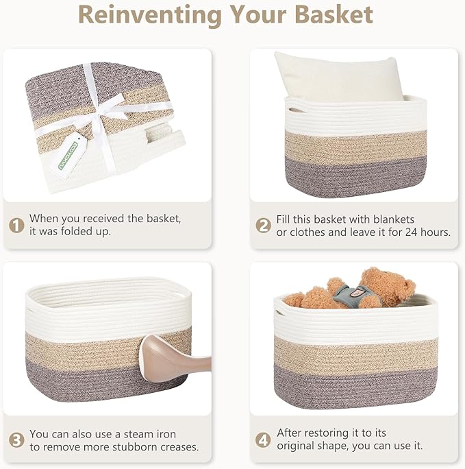 Cotton Rope Storage Basket, 15x10x9 Inches, Woven Basket for Shelves, Clothes, Towels, Books, and Laundry, White Blue (1 Pack)
