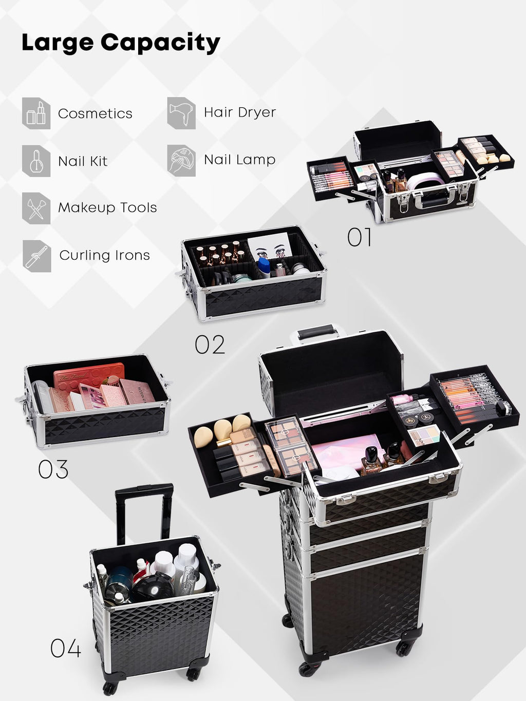 Adazzo 4-in-1 Cosmetology Case on Wheels Portable Rolling Makeup Train Case