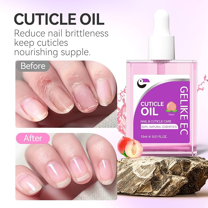Gelike EC Nail Cuticle Oil - Peach Scent Organic Nail Moisturizing With Natural Jojoba Vitamin B & E for Nail Bed ＆ Damaged Nails Repair Treatment- Cuticle Cream for Nail Growth and Strength(15ml)