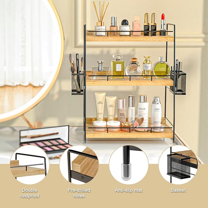 BSTSLL 3 Tier Bathroom Counter Organizer with Side Baskets, Wood Countertop Vanity Shelf,Sturdy Metal Frame fits Tall Bottles