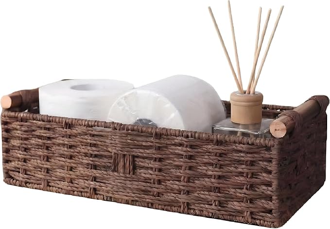 Back of Toilet Basket, Brown Wicker Toilet Tank Basket for Toilet Paper Storage, Basket for Toilet Tank Top, Decorative Bathroom Organizer for Towels & Essentials