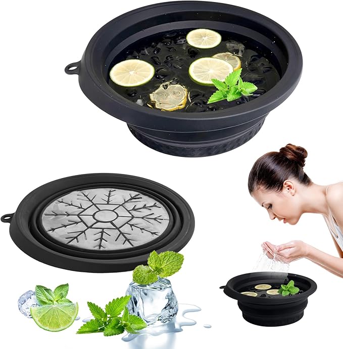 PETIMETI Ice Bowl for Face with Built-in Ice Tray, Foldable Silicone Face Bowl for Ice, Facial Ice Bath Bowl, Skin Tightening & Acne Relief, Portable Ice Face Bowl for Home Travel - Black
