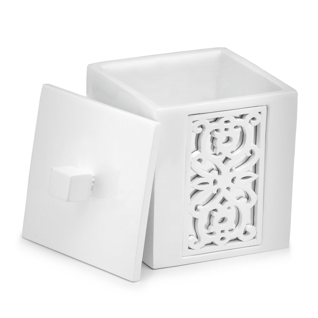 Creative Scents Mirror Janette White Qtip Holder With Lid - Decorative Cotton Ball Jar - Durable Cotton Swab Container - Beautiful Bathroom Vanity Accessories - Elegant Bath Storage