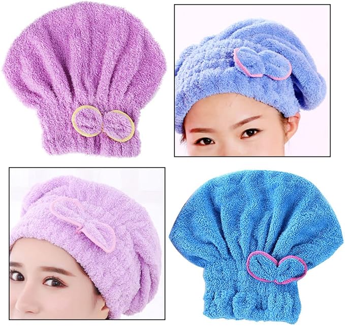 LNJBABAO 2 Pcs Microfiber Hair Drying Towels, Ultra Absorbent Cap Bowknot Turban for Women Adults or Girls, Multicolour