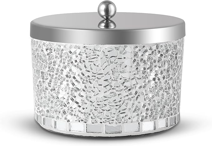 Bathroom Jars q tip holder, Mosaic Glass Cotton Swab Holder, Cosmetics Makeup Accessories Storage for Makeup Sponge Bath Salts Storage Christmas Birthday, Silver