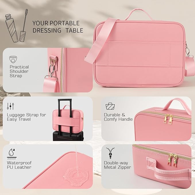 15''X11'' Large Makeup Bag with Removable Lighted Mirror, PU Leather