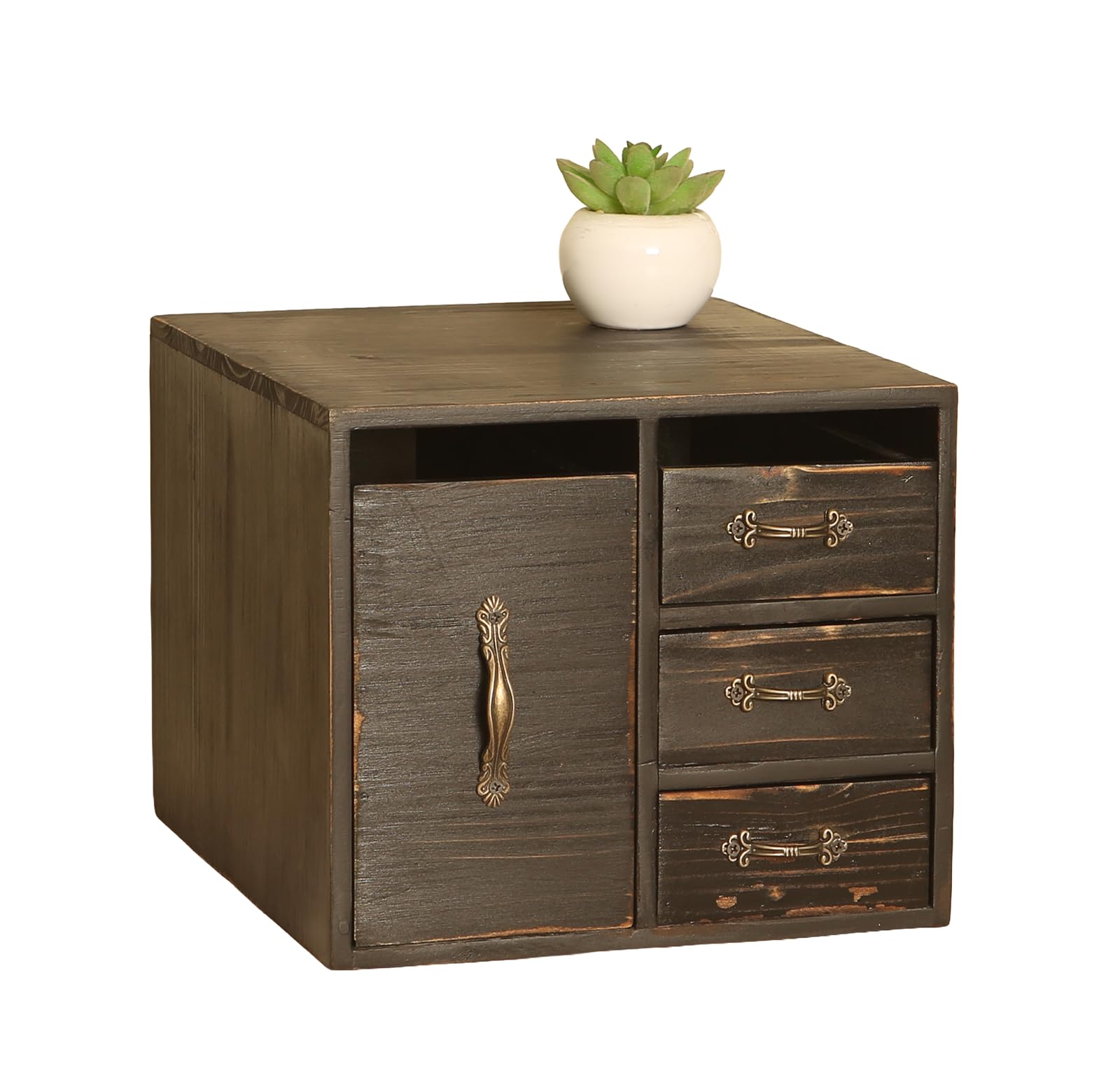 Juleduo Rustic Beauty Organizer 4 Drawers - kitchen storage Wooden Cosmetic Storage Box for Neat & Home Office Desk &Organize &Storing of Makeup Tools,Bathroom Counter-top(Black, L)