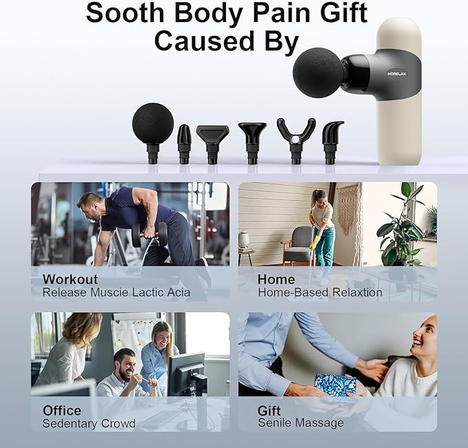 Morelax Mini Massage Gun Deep Tissue, Portable Percussion Muscle Massager for Whole Body Pain Relief, Electric Handheld Sport Massager with 6 Massage Heads 4 Speed, Best Gift (Silver Beige)