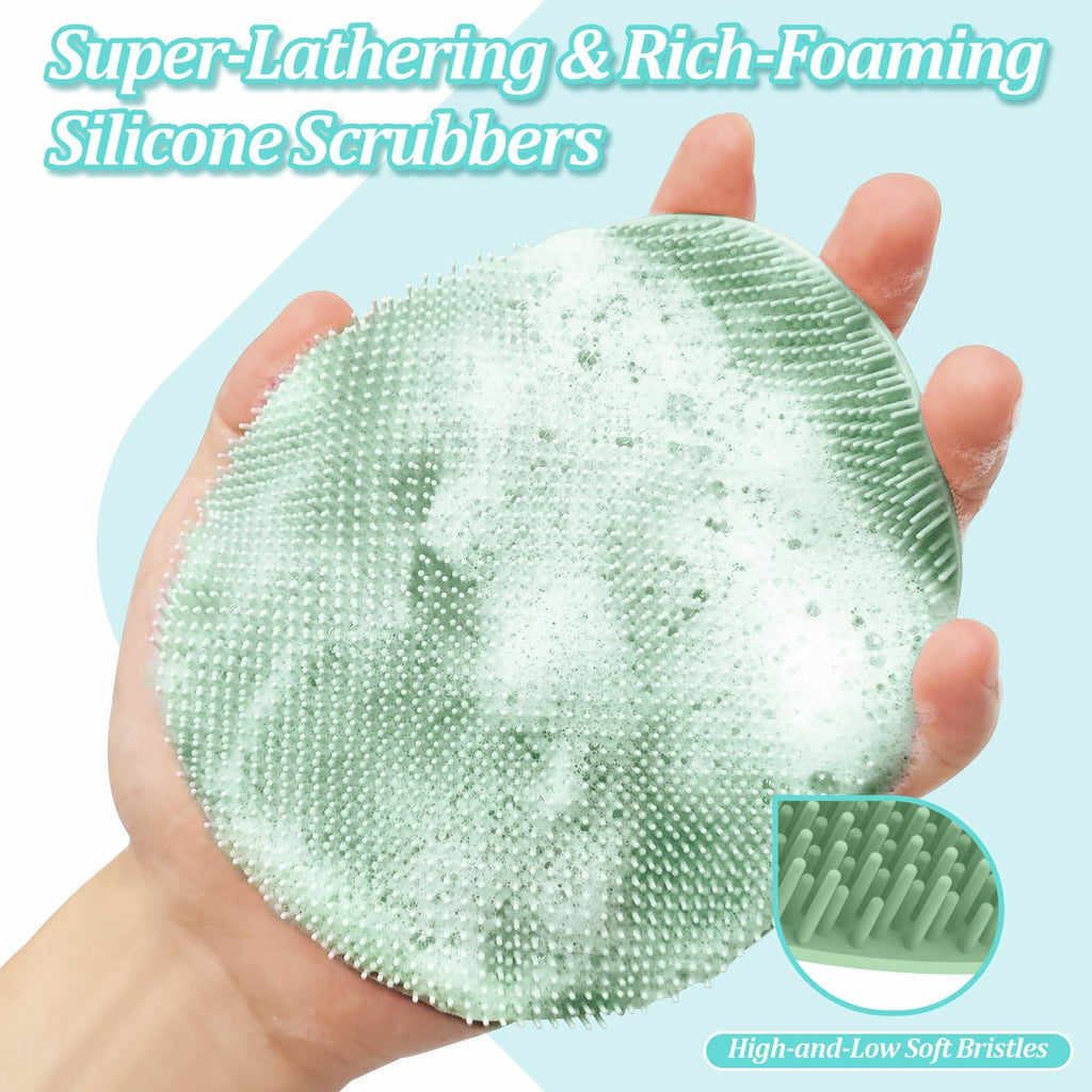 GEENOA New Silicone Body Scrubber 4PCS, 360° Anti-Slip & Enlarged Exfoliating Bath Glove for Rich Foaming Deep Cleaning, Revolutionary No-Grip & Hand-fit Shower Scrubber for All Skin Types.(4-Color)