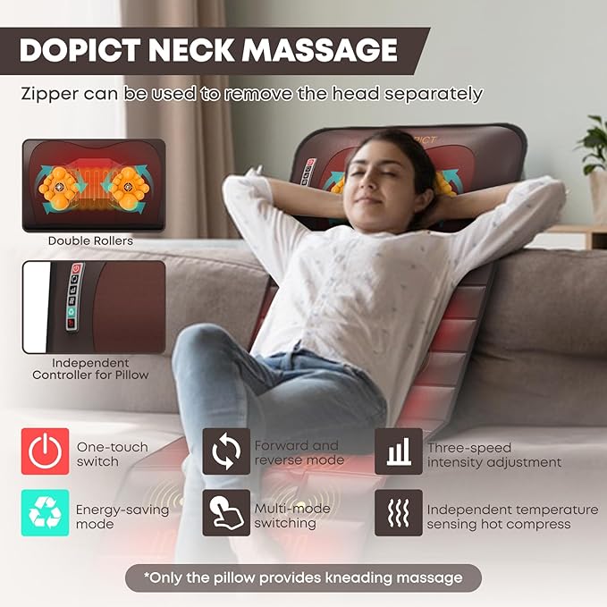 DOPICT Massage Mat, Detachable Neck Massager, Full Body Vibration Heating, Massage Pad with 10 Vibrating Motors and 9 Speed Settings for Home Office Use, Gift for Men Women Parents,Brown