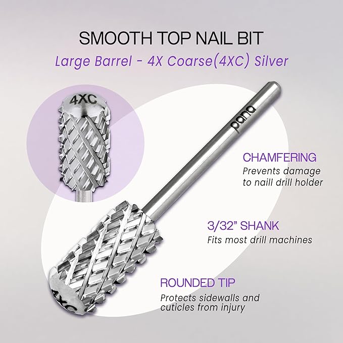PANA 3/32" Large Smooth Round Top Safety Carbide Nail Drill Bit for Gel Polish & Acrylic Removal Nail Salon Manicure Pedicure Electric File Tools (Large Barrel - Silver, 4X Coarse)