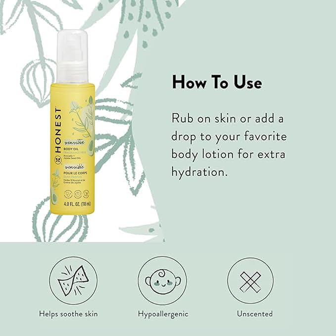 The Honest Company Fragrance-Free Moisturizing Body Oil, Nourish Soothe Baby's Skin, Plant-Based, Hypoallergenic Vegan, 4.0 fl oz