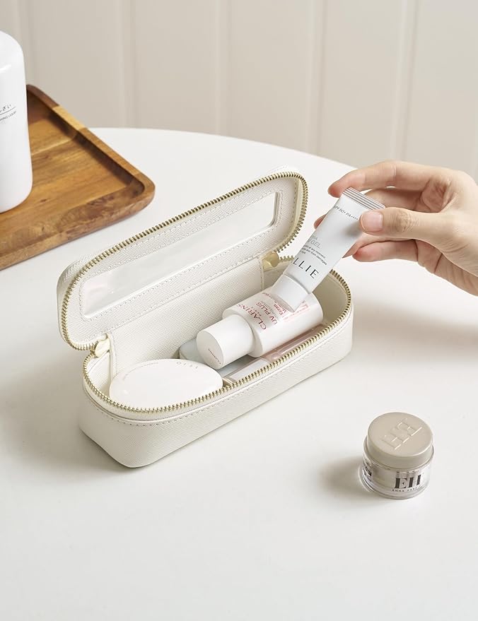 Popvibe Slim Makeup Brush Bag Travel Clear Toiletry Bag for Women Cute White Make Up Bag for Traveling Cosmetic Bag Organizer Waterproof Tansparent Beauty Makeup Case