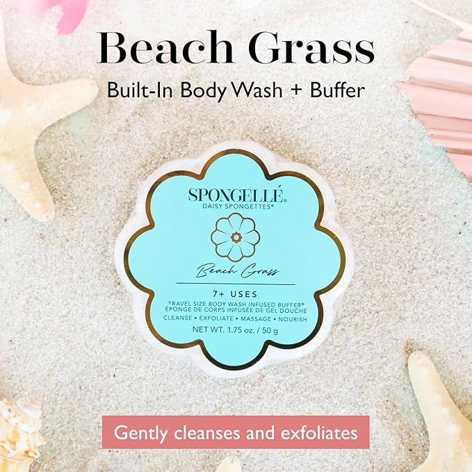 Spongellé Beach Grass Daisy Spongette Bath Sponge | Built-in Body Wash & Body Scrubber, Shower Loofah Sponge for Women, Travel Essentials | 7+ uses