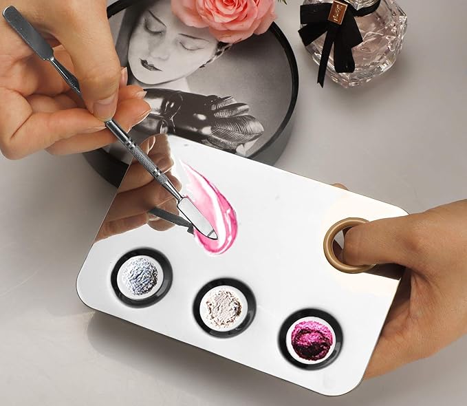 KissDate Makeup Mixing Palette, 6x4inch Stainless Steel Makeup Palette 3-well Nail-art Cosmetic Artist Mixing Palette with Makeup Spatula, Stocking Stuffers Christmas Gifts for Women