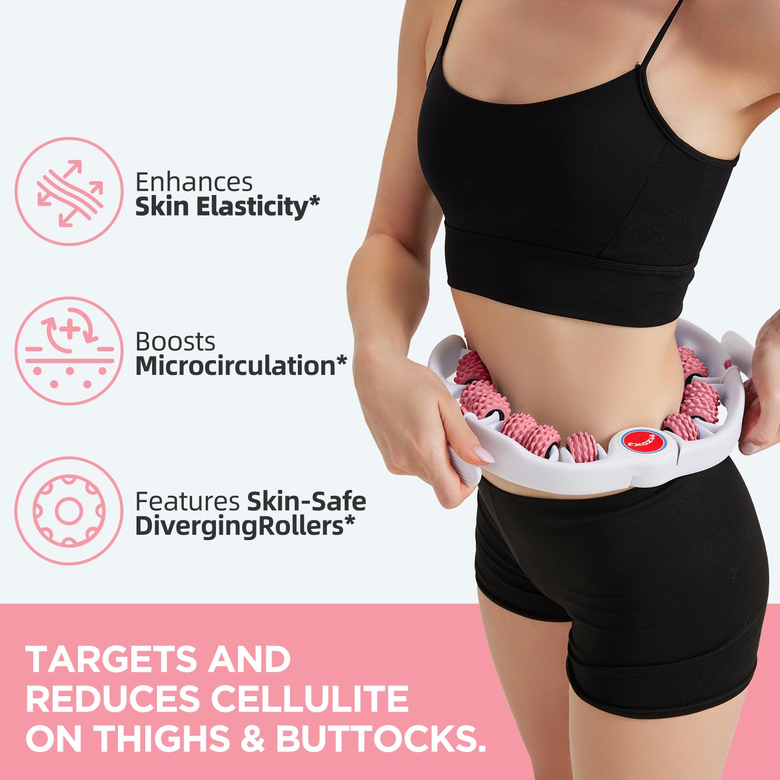 MZDXJ Cellulite Massage Tool - Lymphatic Drainage Massager - Muscle Roller, Deep Fascia Massage, Dimpled Skin Removal, Legs/Thighs/Buttocks, Anti-Cellulite Roller, Smooth Skin (14 Wheel - Pink)